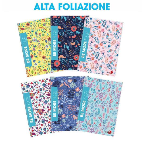 BE MORE FLOR MAXI QUADERNO PUNTO METALLICO 100GR 210X297 mm A4 48 FOGLI A QUADRETTI 4M FANTASIE ASSORTITE CONF 10 Pz.